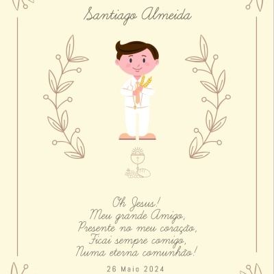 Convite de Primeira Comunhão decorado com menino e raminhos, texto em português, data e local