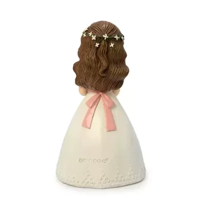 Figura decorativa de menina com vestido branco e laço rosa vista de costas