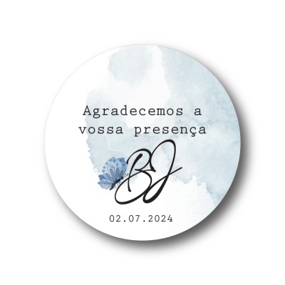 Etiqueta redonda branca e azul com texto de agradecimento e data