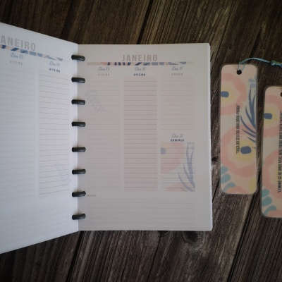 Agenda semanal aberta e dois marcadores de livros coloridos sobre superfície de madeira.