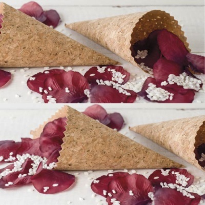 Dois cones de waffle com pétalas de rosa vermelhas e pequenos grãos brancos sobre superfície branca