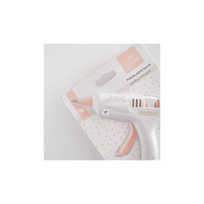 Pistola para cola quente branca com pormenores cor de rosa em embalagem