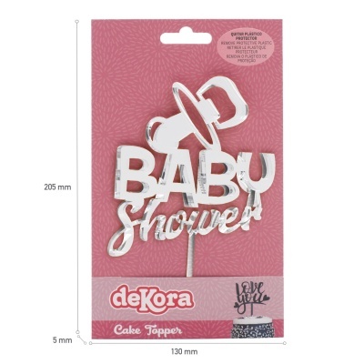 Cake topper branco com texto BABY shower e chupeta em embalagem rosa da marca deKora