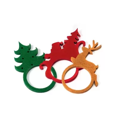 Argolas de guardanapo de feltro com motivos natalícios em verde, vermelho e castanho