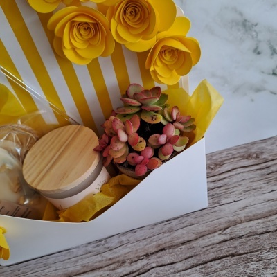 Conjunto de presente com planta suculenta, vela com tampa de madeira e flores artificiais amarelas.