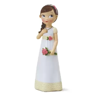 Estatueta de menina vestida com vestido branco e detalhes em creme