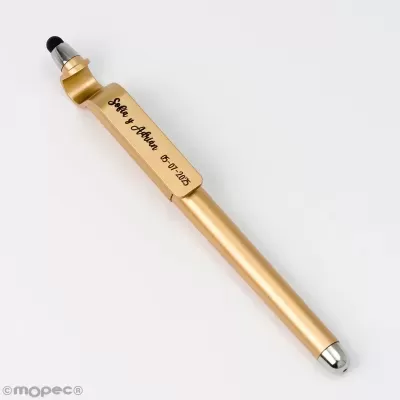 Caneta dourada metálica com inscrição personalizada e ponta para ecrã tátil