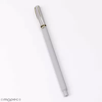 Caneta esferográfica branca com tampa branca e detalhes dourados