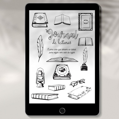 Tablet com desenhos a preto e branco relacionados com leitura e escrita, incluindo livros, penas, máquina de escrever e óculos.