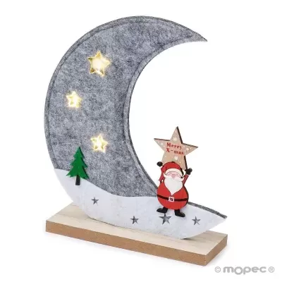 Decoração natalícia lua crescente cinzenta com luzes LED e Pai Natal em madeira