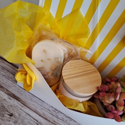 Conjunto de presente com vela aromática, sabonete e planta suculenta em embalagem decorativa