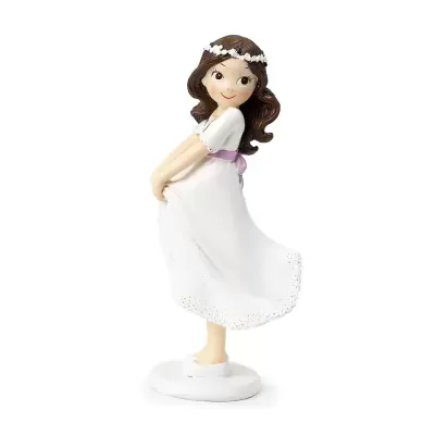 Figura decorativa de menina de vestido branco e coroa de flores