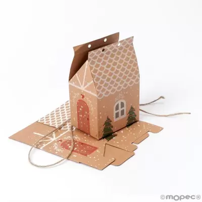 Embala de cartão em forma de casa decorada com tema de Natal e corda para transporte