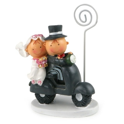 Figurinha de noivos em mota preta com suporte metálico espiral