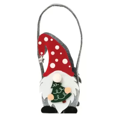 Bolsa de feltro de gnomo natalício com chapéu vermelho às bolinhas e árvore de Natal.