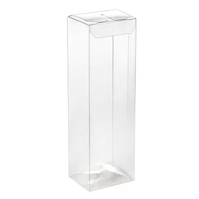 Embalagem plástica transparente retangular alta com tampa fechada