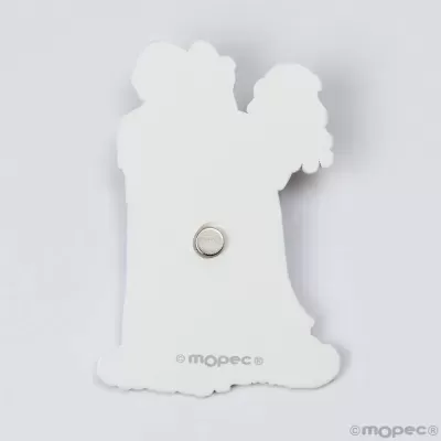 Íman de geladeira branco com botão metálico e marca mopec