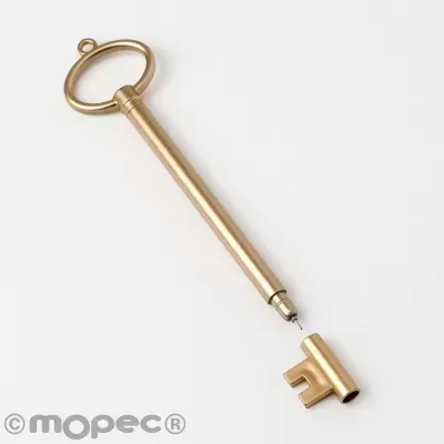 Caneta dourada em forma de chave antiga com tampa e ponta de escrita
