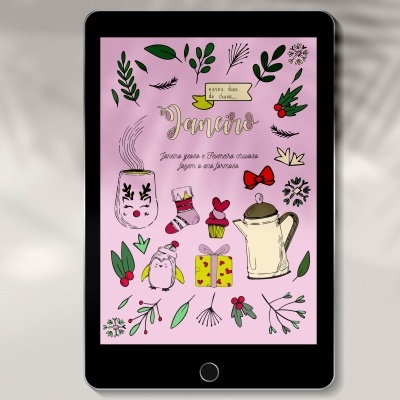 Tablet com ilustração colorida de vários objetos e texto em inglês e português sobre fundo rosa