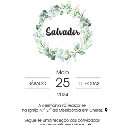 Convite de batizado com coroa de folhas verdes e texto detalhado em português sobre fundo branco