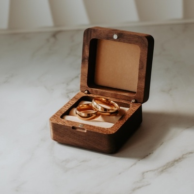 caixa de madeira aberta com dois anéis dourados no interior