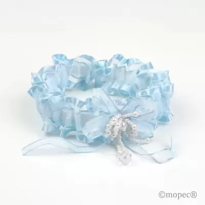 Liga azul claro com laço de pérolas