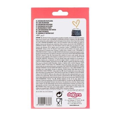 Embalagem traseira de decoração para pastelaria Dekora com texto em várias línguas e fundo branco com borda rosa