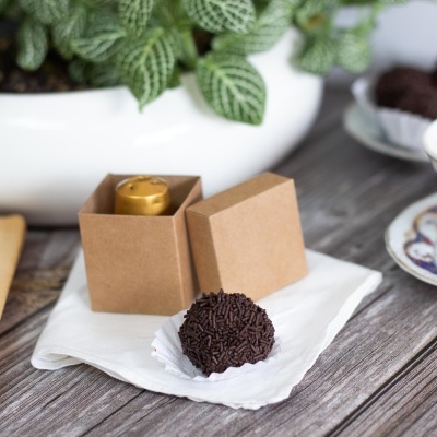 Caixa castanha pequena com trufa de chocolate e plantas em fundo de madeira