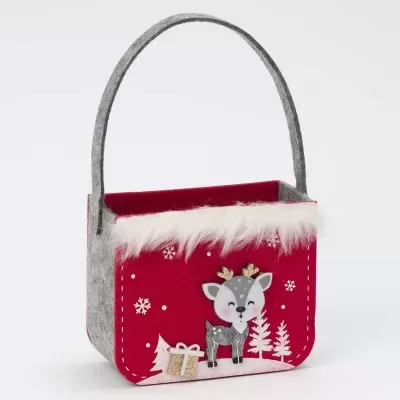 Cesto de tecido cinza e vermelho decorado com rena e flocos de neve para Natal