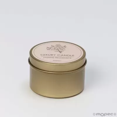 Vela aromática de luxo em caixa metálica dourada com tampa redonda e etiqueta