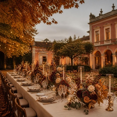Mesa de jantar ao ar livre decorada com flores e velas em ambiente de outono