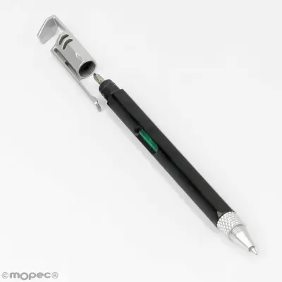 Caneta preta com clip metálico e ponta metálica em fundo branco