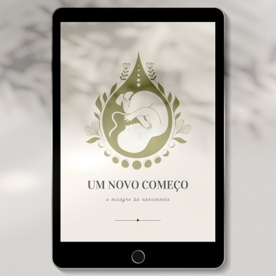 Tablet preto mostrando logotipo dourado de coelho em gota com texto 'UM NOVO COMEÇO' e 'a milagría da celebração' sobre fundo branco.
