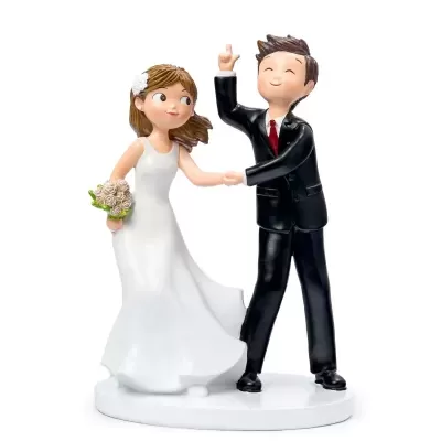 Figuras de noivos em resina, noiva em vestido branco com bouquet e noivo em fato preto com gravata vermelha