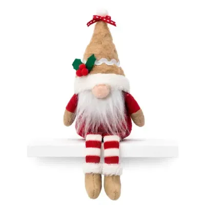 Boneco decorativo de Natal em tecido com chapéu castanho e roupa vermelha