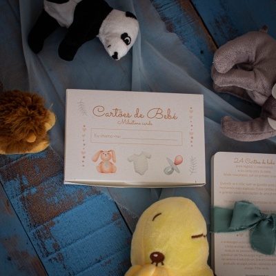 Caixa de cartões de bebé rodeada por peluches de leão, panda, elefante e canário sobre fundo azul