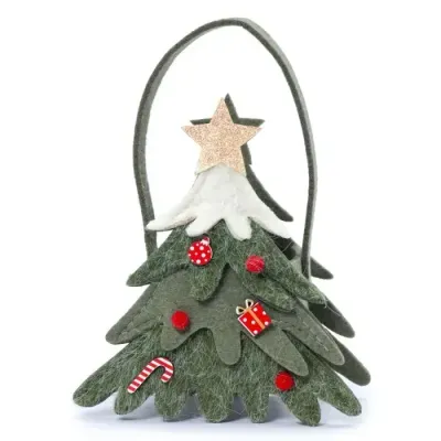 Saco de tecido em forma de árvore de Natal com decorações festivas