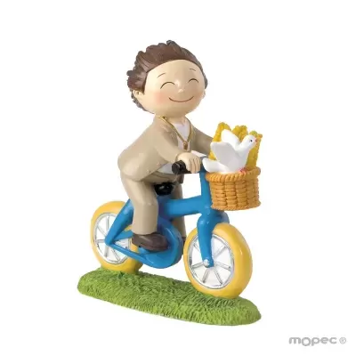 Figura decorativa de pessoa a andar de bicicleta azul com cesta e pombo