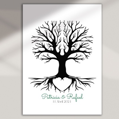 Tela branca com ilustração de árvore preta, nomes Patricia & Rafael e data 11 Abril 2021