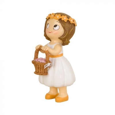Figura decorativa de criança com vestido branco e cesto de flores