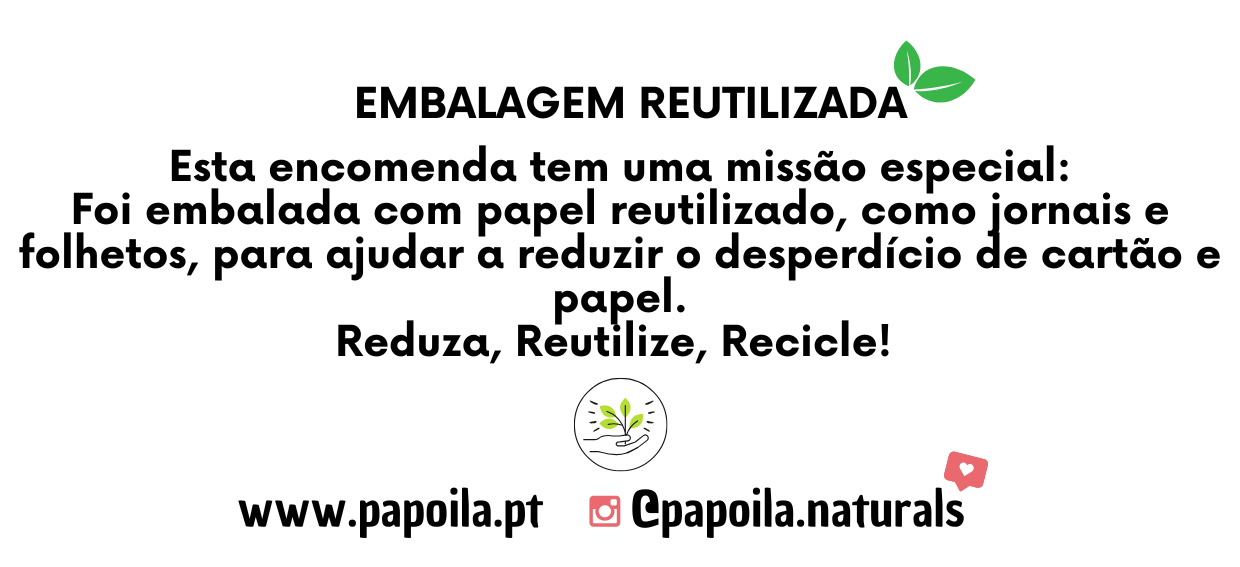 Texto informativo sobre embalagem reutilizada e práticas sustentáveis com site e rede social