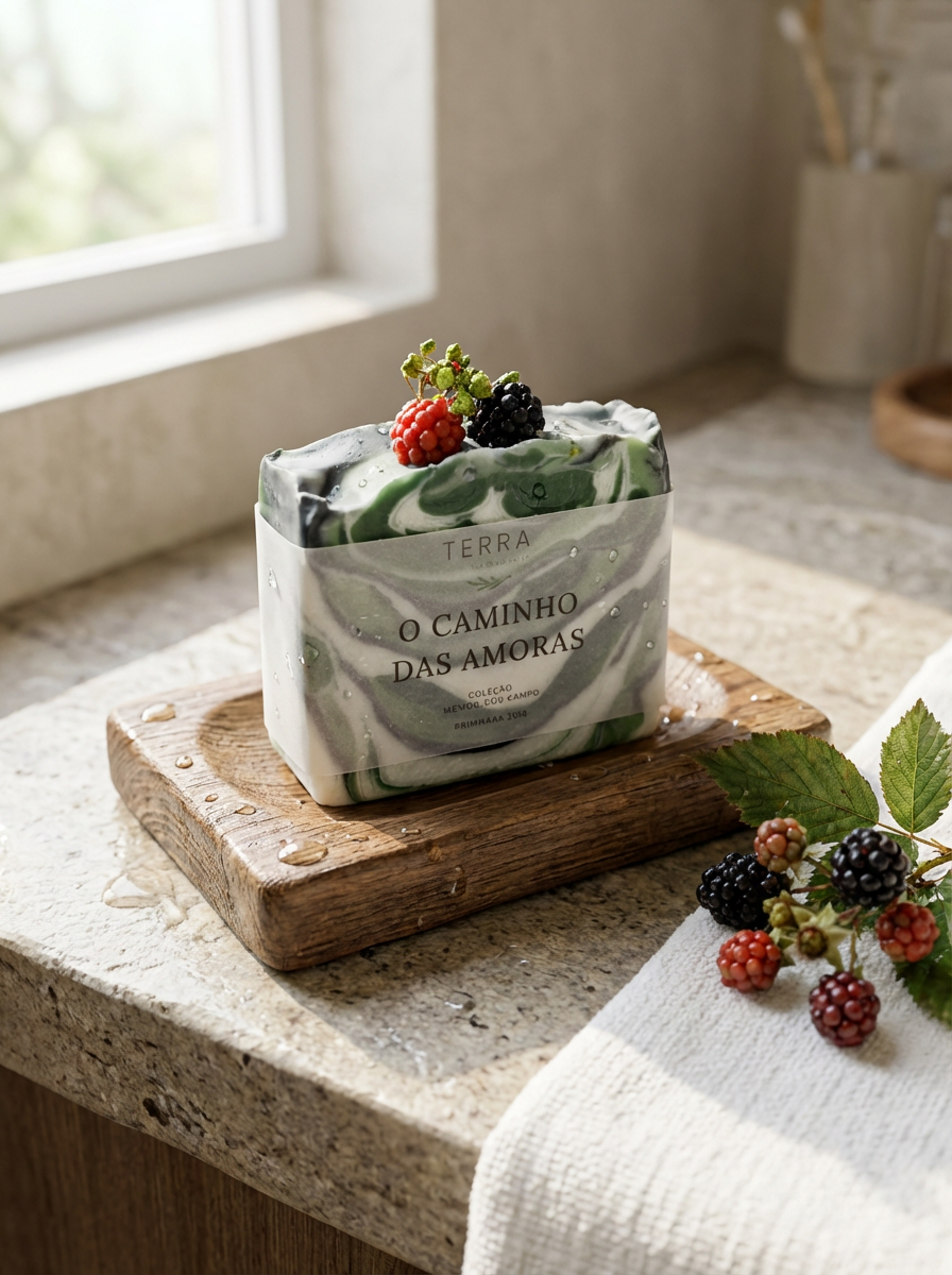 Sabonete Artesanal Natural com Frutas Sabonete marmoreado verde e branco embalado, decorado com amoras, em bancada de pedra com tábua de madeira e toalha branca.