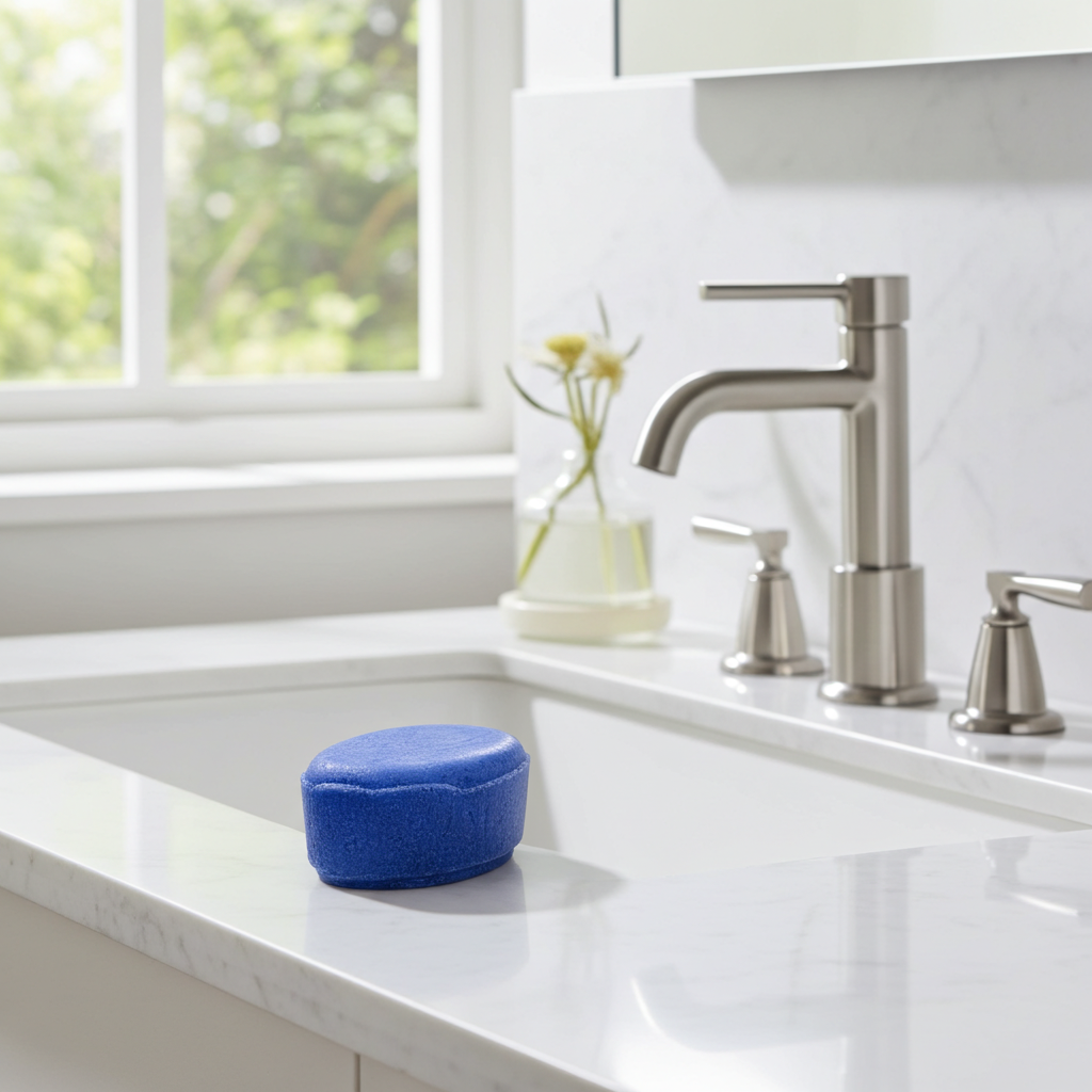 Shampoo Vital Color - Brilho e Cuidado para Cabelo Pintado ou Brancos Esponja azul na bancada branca da casa de banho junto a torneira metálica e jarra com flores