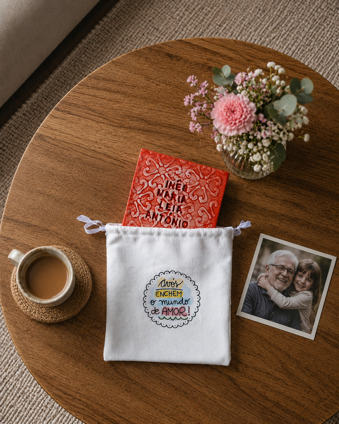 Azulejo Amor de Avós Personalizado | Presente Dia dos Avós Mesa redonda de madeira com mala branca, livro vermelho, jarro com flores, fotografia e chávena de cerâmica.