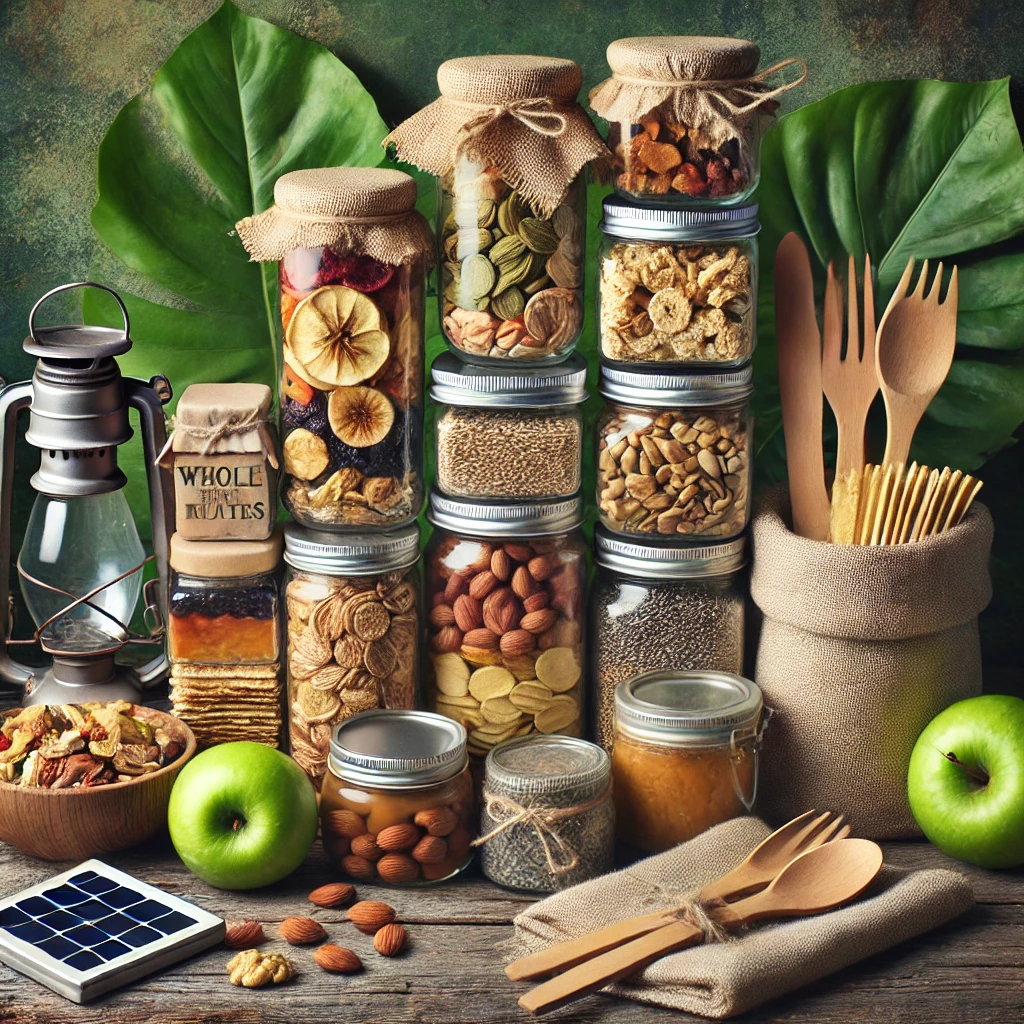 Frascos de vidro com frutos secos, talheres de madeira e maçãs verdes sobre mesa de madeira