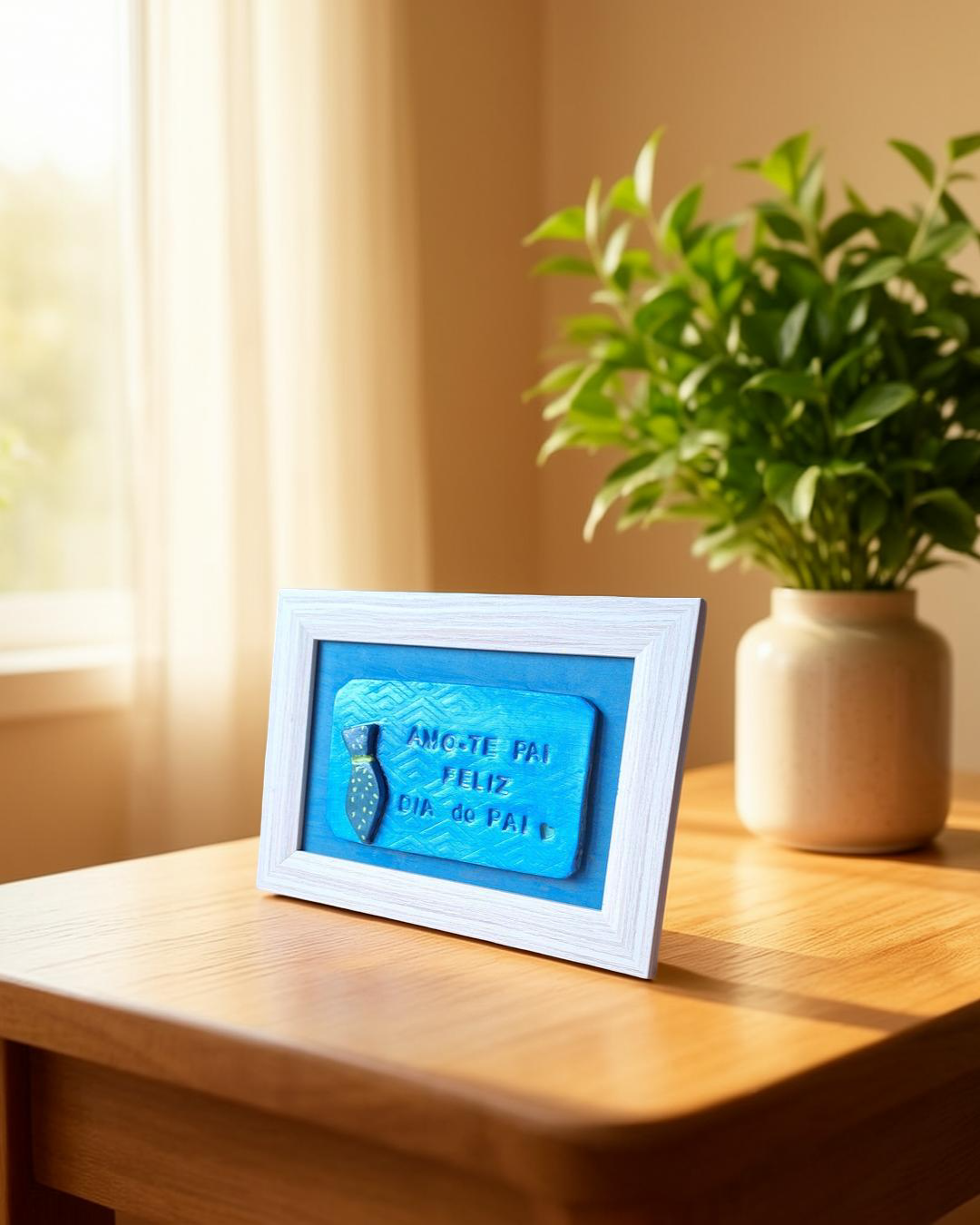 Memória - Placa personalizada Quadro decorativo azul com texto em português para o Dia do Pai, sobre mesa de madeira clara com planta ao fundo