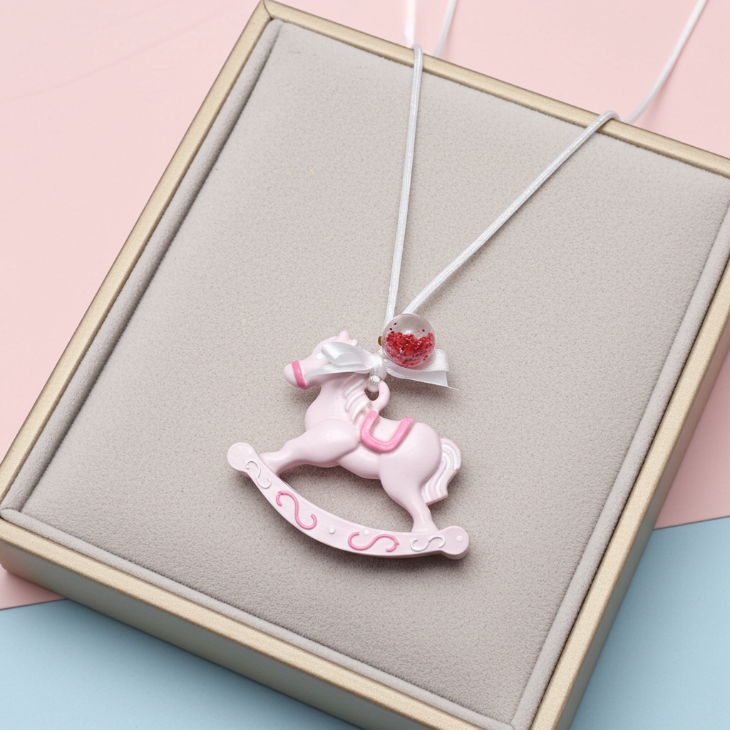 Pendente Cavalinho Colar com pendente de cavalo de baloiço cor-de-rosa em caixa almofadada.