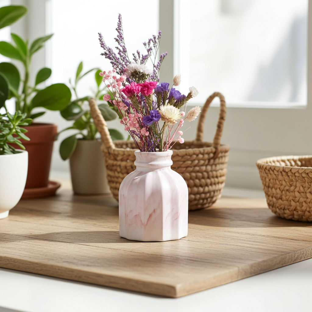 Jarra Margarida Vaso cerâmico pequeno com flores secas coloridas em mesa de madeira com cestos e plantas ao fundo