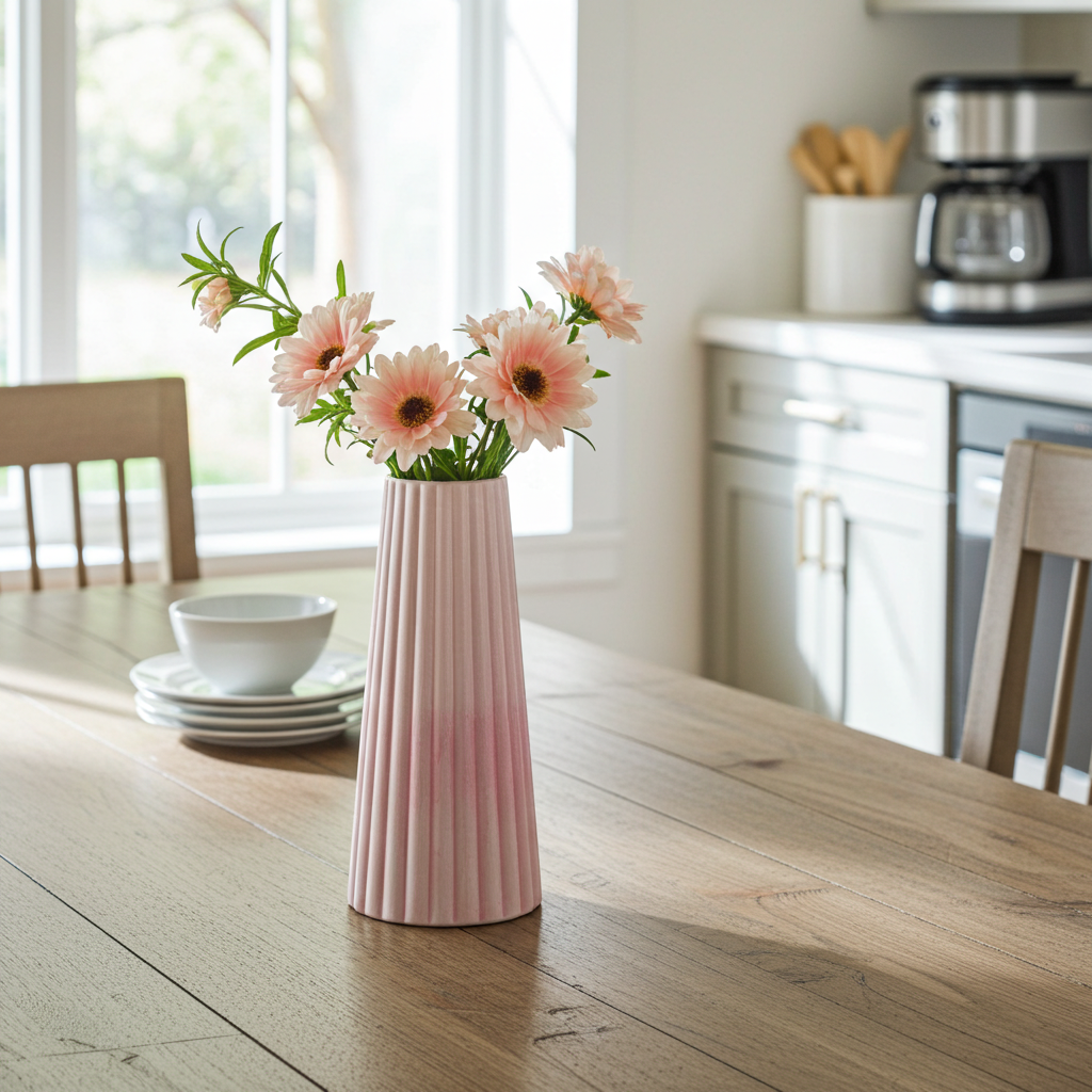 Jarra Dália Vaso rosa com flores cor-de-rosa numa mesa de madeira numa cozinha luminosa