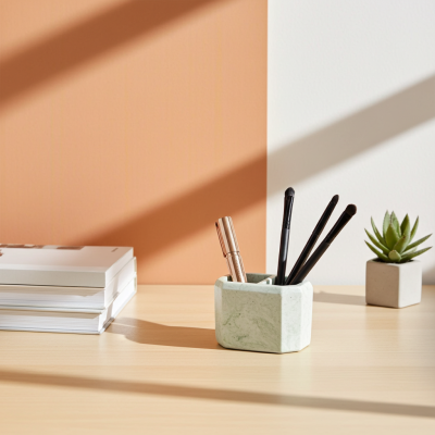 Organizador de pincéis de maquiagem em mesa de madeira com livros e planta suculenta numa parede de cores bege e branca.